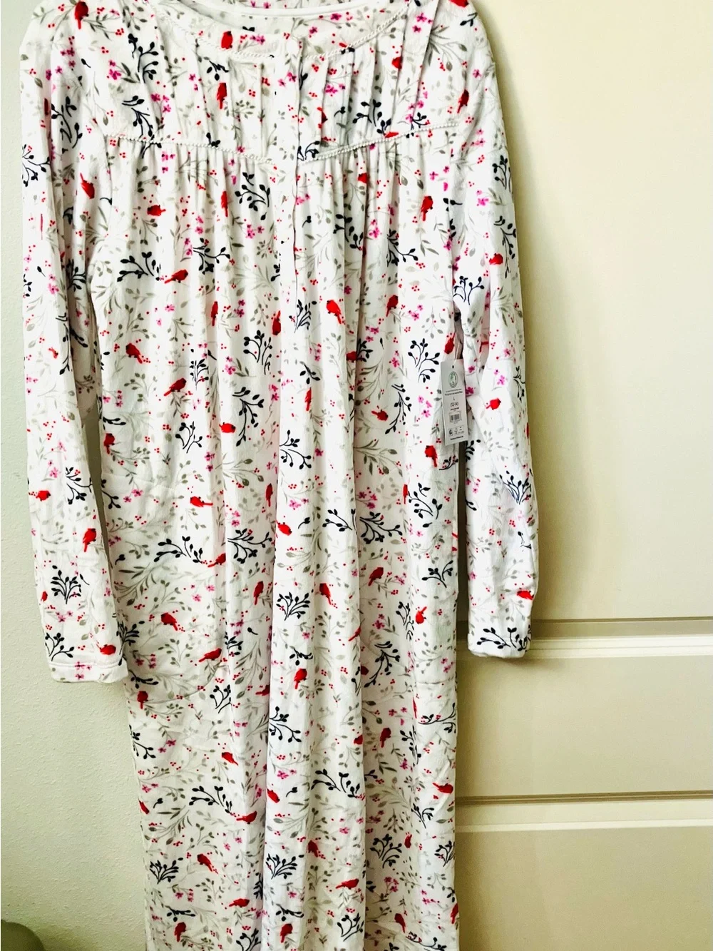 Women’s White Long-Sleeve Nightgown with Red Bird Print